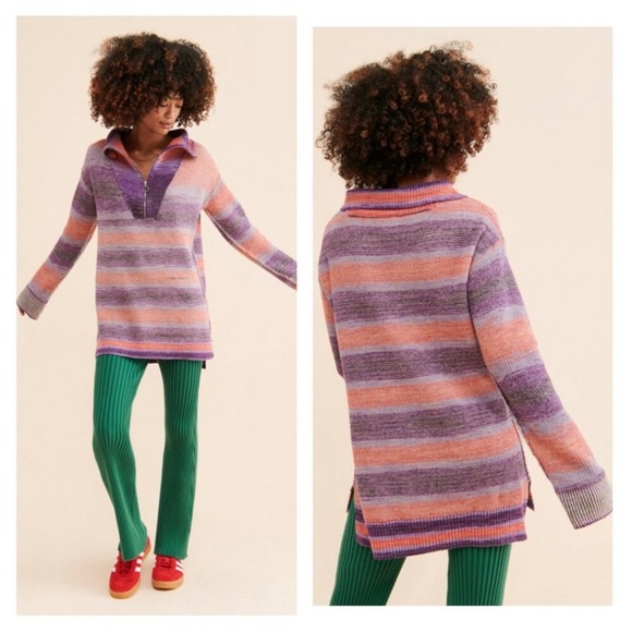 Anthropologie Daily Practice Franconia Half Zip Striped Sweater Tunic Oversized - Picture 2 of 8